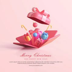 merry christmas and happy new year greeting card with presents on pink background, 3d illustration