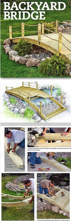 the backyard bridge is made from wood and has been built in several different stages to make it