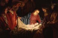 the birth of jesus is depicted in an image with other people around him and one child