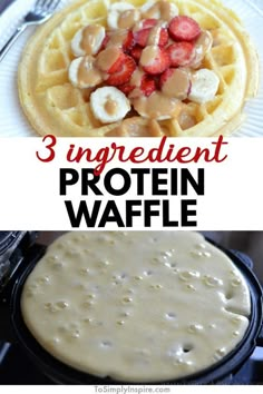 3 ingredient protein waffles with peanut butter and strawberries on top