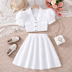 Season:Summer; Fabric:Polyester; Sleeve Length:Short Sleeve; Dress Length:Knee-length; Look After Me:Machine wash,Hand wash; Gender:Girls'; Quantity:2 Pieces; Style:Fashion,Daily; Elasticity:Inelastic; Occasion:School,Formal; Kids Apparel:Dress Suits; Age Group:Kids; Top Length:Cropped; Fit Type:Form Fit; Pattern:Solid Color; Design:Ruched; Age:7-13 Years; Listing Date:04/15/2024; Bust:; Length [Bottom]:; Length [Top]:; Sleeve:; Waist: Pretty Lace Dresses, White Frock, Girls Bridesmaid Dresses, Summer Fashion Inspiration, Crop Top Skirt Set, Outfits For Kids, Outfit Ideas Fashion, Top Skirt Set, Summer Party Dress