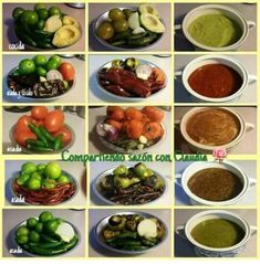 the pictures show different types of vegetables and sauces