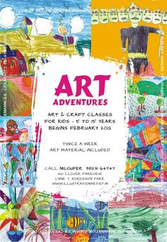 an advertisement for art adventures featuring colorful paintings and words on the front, with text that reads