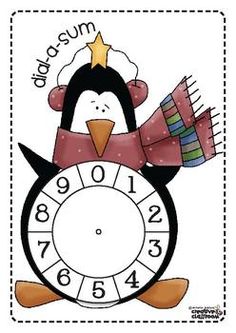 a penguin with a hat and scarf around it's neck is holding a clock