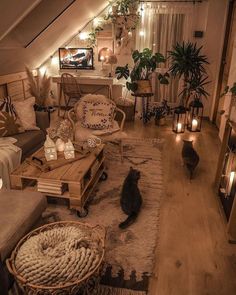 a living room filled with furniture and lots of lights on the wall above it's windows