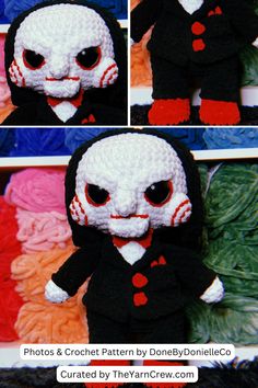 three pictures of a crocheted doll in a suit and tie with red eyes