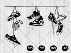 three pairs of shoes hanging on a line with the words svg dxf