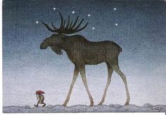 a drawing of a moose and a man walking in the snow at night with stars above it