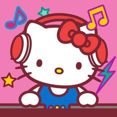 an image of hello kitty with headphones and music notes on her ears, sitting in front of a pink background