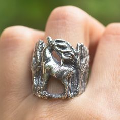 "Elk in enchanted forest ring, hand crafted silver ring. Great gift for nature and wilderness lovers. Elk and the deer family is a great totem animal, it symbolise power and stamina. All my jewelry are handmade by me and inspired from my love to nature, ancient cultures and my practice in energy world. My designs are pack in a jewelry gift box ready to give as a gift. * About this ring: The width of the ring where the elk's head is - 0.9\" inches (2.5 cm) The width of the ring on the back side i Stag Ring, Deer Ring, Deer Rings, Animals Jewelry, Hand Carved Ring, Forest Jewelry, Mushroom Ring, Writing Projects, Woodland Jewelry