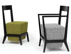 two chairs with different colored upholstered seats and black legs, one in grey and the other in green