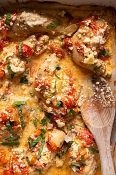 a casserole dish with chicken, tomatoes and parmesan cheese on top