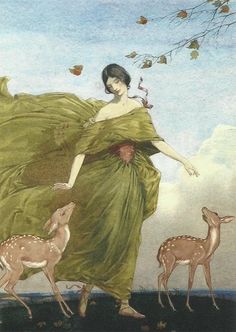 a woman in a green dress is walking with two deer