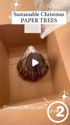 the inside of a cardboard box with a seashell in it and text that reads, sustainable christmas paper trees comment link for part 2