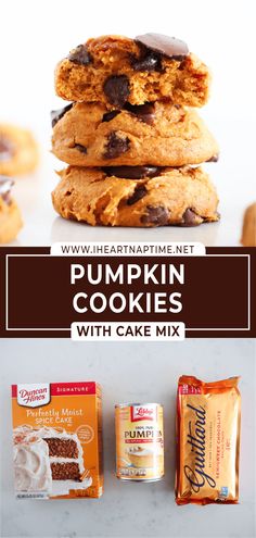 pumpkin cookies with cake mix are stacked on top of each other and the title reads