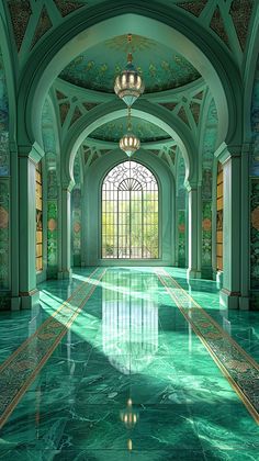 an ornate hallway with green marble floors and arched windows on either side is lit by chandeliers