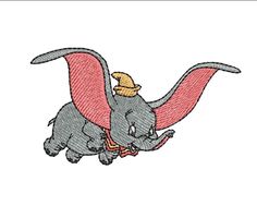 an elephant flying through the air with a hat on its head and wings spread out