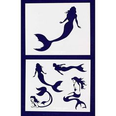 the silhouettes of mermaids are shown in blue and white