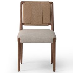 an upholstered chair with a wooden frame and seat cushion on the back, against a white background