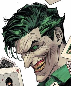 the joker is surrounded by playing cards in this comic character's face and green hair