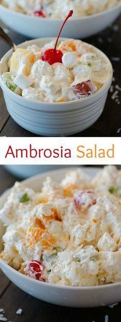 two pictures showing different types of salads in white bowls with red cherries on top