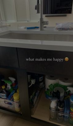 a sink with the words what makes me happy written on it