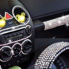 the interior of a car decorated with beads