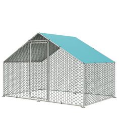 a chicken coop with a blue roof and two doors on the side, in front of a white background