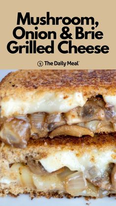 mushroom, onion and brie grilled cheese sandwich on a plate with text overlay