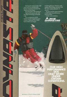 an advertisement for skis and snowboards featuring a skier