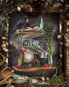 the kitchen witch sign surrounded by plants and other items in front of a black background