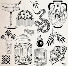 an assortment of decorative items drawn in black and white