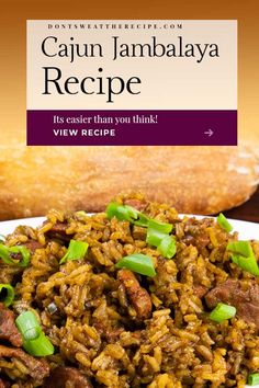 this is an image of cajun jambaya recipe on a plate with bread in the background