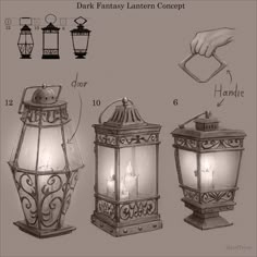 an old fashioned lantern is shown in three different positions, including the top and bottom