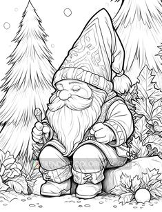 a cartoon gnome sitting in the woods with trees and snowflakes behind him, coloring page