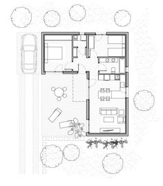 an aerial view of the floor plan of a house with two cars parked in front of it