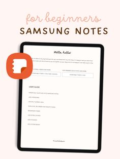 a tablet with the text for beginners samsung notes on it, and an image of a