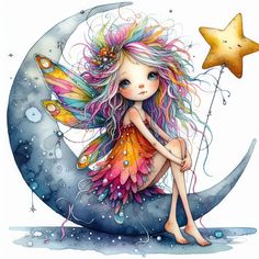 a painting of a fairy sitting on the moon holding a star in her right hand