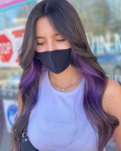 Hair Peekaboo Color Brunettes, Hair Color Ideas Underneath Colour Purple, Purple Peak A Boo Highlights, Brunette Hair With Purple Peekaboos, What To Dye My Hair, Boho Hair Color Ideas, Colored Peekaboo Highlights, Brown Hair With Purple Peekaboos