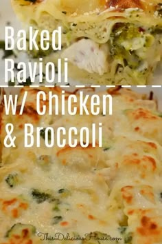 the broccoli and chicken casserole has been cut in half to show it's filling