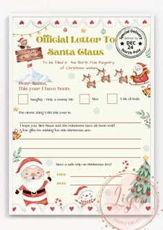 a christmas letter to santa claus is on the front and back of a card with an envelope