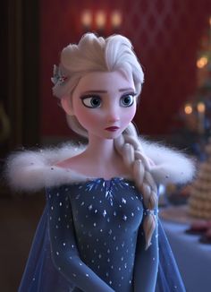 a frozen princess is standing in front of a table with a cake and star decorations on it