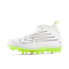 a white shoe with neon green soles on the bottom and an upper part of the shoe