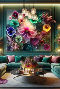 a living room filled with green couches and colorful flowers on the wall above them