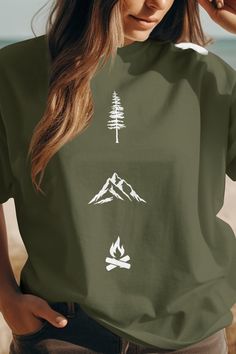 Adventure Outdoor T-shirt, Tree Mountain Bonfire Design, Hiking Nature Graphic Tee, Camping Enthusiast Shirt, Wilderness Lover Gift - Etsy Canada Hiking Tshirt Design Ideas, Camping Tshirt Design, Outdoor T Shirt Design, Adventure Tshirt Design, Camping Tshirt Ideas, Outdoor Graphic Design, Best Tshirt Design, Camp Tshirt Designs