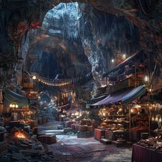 the inside of a cave filled with lots of items