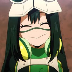 an anime character with green hair and white headgear, looking at the camera