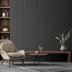 a living room with a chair, table and bookshelf