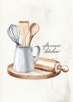 a watercolor painting of kitchen utensils and wooden spoons on a cutting board