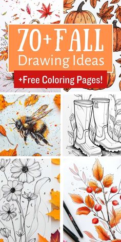 an image of fall coloring pages with the title overlay that reads, 70 + fall drawing ideas free coloring pages